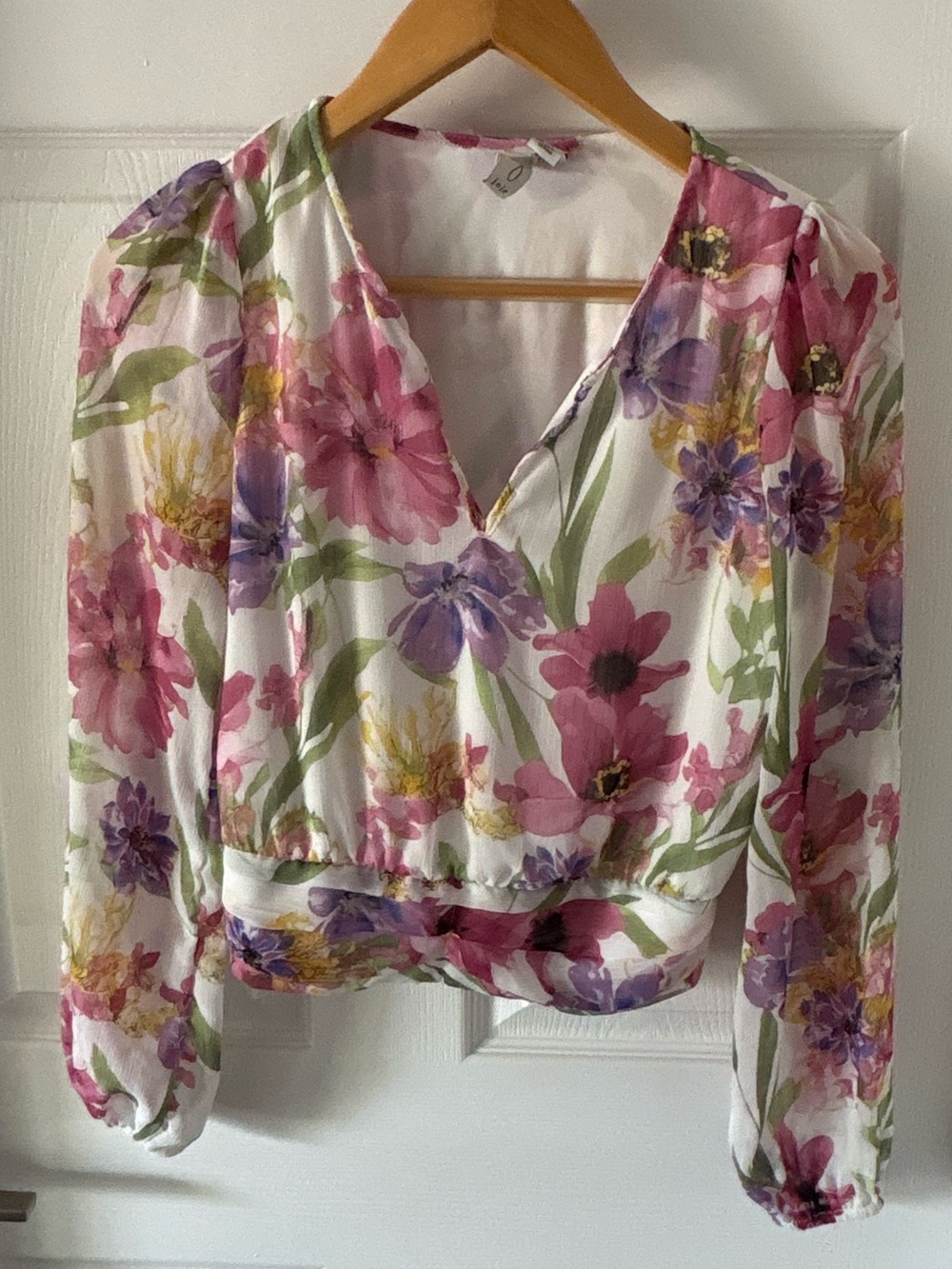 Joie Floral Wrap Blouse in White with Pink & Purple Blossoms Size XS